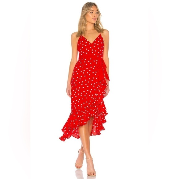 Lovers + Friends Bridget Red White Midi Dress (missing belt) Sz Small Faux Wrap - Picture 1 of 15